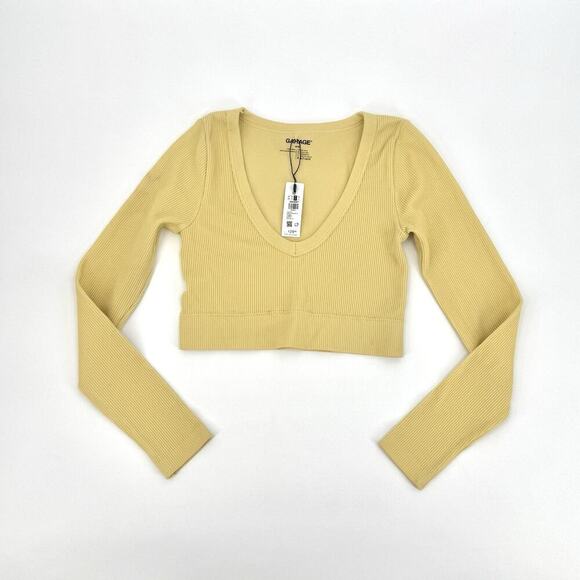 GARAGE Long Sleeve Ribbed Plunge Neck Crop Top Women’s Shirt Size Medium Butter - Picture 6 of 9